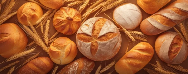 Gordijnen Artisan bread assortment with golden wheat © Denys
