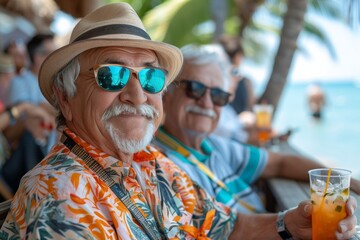 Happy retirees in bright shirts bask in sunshine, sipping drinks by the sea - obrazy, fototapety, plakaty
