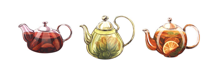 Set glass teapot with infuser and flowering tea, with lemon and citrus. Watercolor hand-drawn illustration isolated on white background. Perfect for recipe lists with drinks, brochures for cafe.