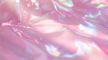 A whimsical, pastel pink backdrop with a holographic glaze, casting a spectrum of light across the surface. The holographic effect is blurred, adding a mystical quality.
