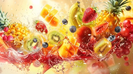 Sweet tropical fruits and mixed berries. Splash of juice. Watermelon, banana, pineapple, strawberry, orange, mango, blueberry, cherry, raspberry, papaya.