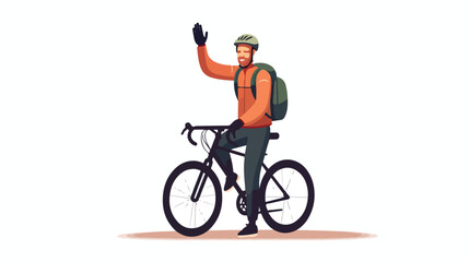 Cartoon man with bicycle standing and waving happy