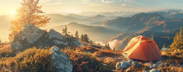 Serene mountain camping at sunrise - obrazy, fototapety, plakaty