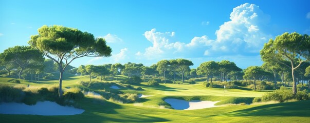 Serene golf course panorama at sunrise - obrazy, fototapety, plakaty