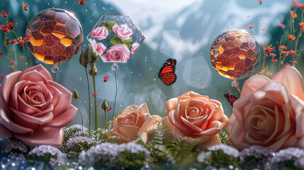 Alpine meadow with petrol-tinted dew, hexagonal flowers, a butterfly, three roses, and floral acrylic balloons