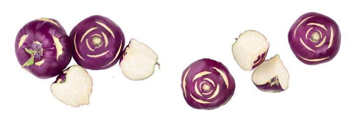 Cabbage kohlrabi isolated on white background closeup, Top view. Flat lay.