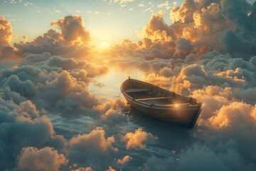Serene boat among clouds at sunset