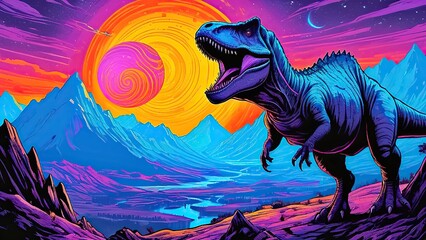 T-Rex is in a mountain valley with a river. The sun is in the background and there are stars above....