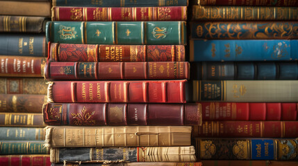 Pile of old books in a book store. Selective focus.