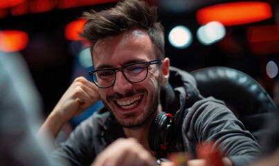 Winning mood of a professional poker player after winning the match
