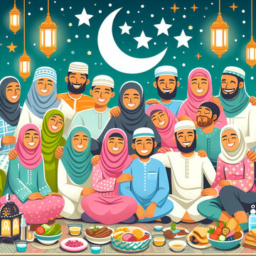 Eid Mubarak with family greeting Card Illustration, ramadan kareem cartoon vector Wishing for Islamic festival for banner, poster, background, flyer, for marketing post picture, Ai
