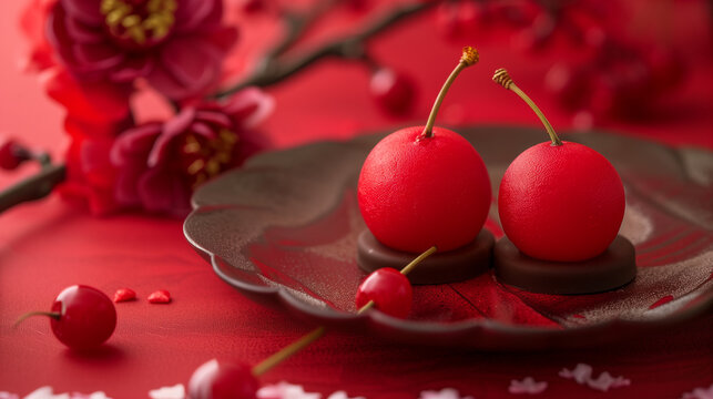Cherry candies on red background, closeup. 