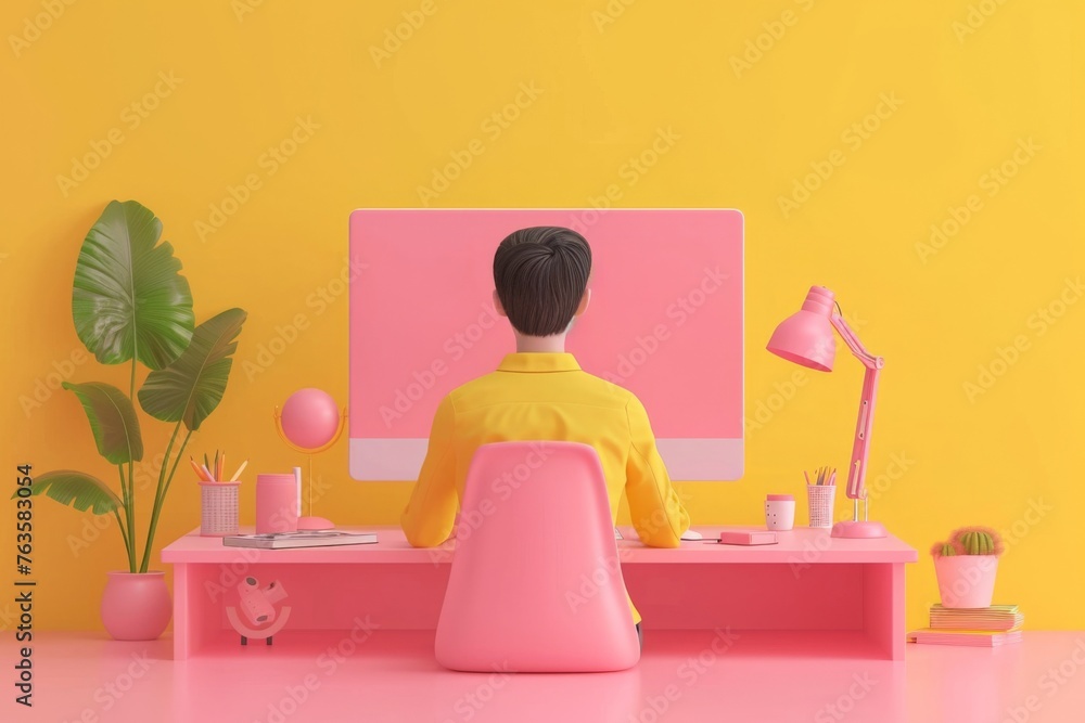 Aufkleber person working at a desk in front of a computer screen with a vibrant pink background, focusing on p