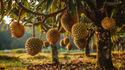 Durian fruit on the tree in the orchard,Thailand