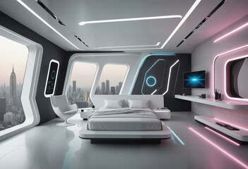 A luxury futuristic bedroom interior. Sci-Fi interior design, luxurious living spaces. - obrazy, fototapety, plakaty
