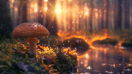 Fly agaric mushroom in the forest at sunset. Beautiful magic landscape. - obrazy, fototapety, plakaty