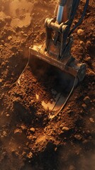 Excavator bucket digs into earth at sunset