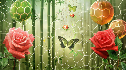 Bamboo forest, petrol dew, hexagonal patterns, a butterfly, three roses, and bamboo-themed balloons