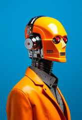 A robot with a yellow suit and red eyes