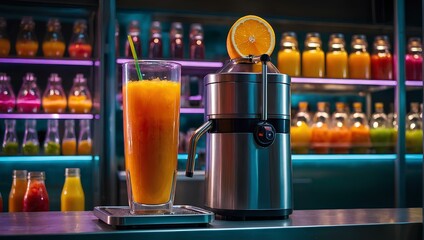 A glass of iced orange juice with a juice machine on the table in a bar - obrazy, fototapety, plakaty