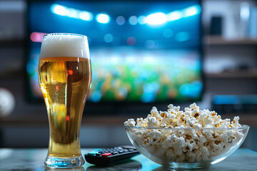 Watching football match o at home. View to glass of beer, bowl of popcorn, remote control on table in front of modern tv with American football stadium