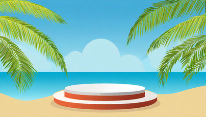 Fototapeta na wymiar 3d podium with copy space for product display presentation on palm beach and blue sky abstract background. Tropical summer and vacation concept. Graphic art design