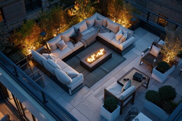 The image shows a fire pit in the middle of a patio at VetalVit, a chic rooftop lounge. The fire pit is surrounded by plush seating, creating a cozy ambiance for guests to relax and socialize - obrazy, fototapety, plakaty
