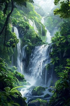 The painting depicts a cascading waterfall in the midst of a dense jungle setting. The lush greenery and vibrant foliage surrounding the waterfall create a vivid and immersive natural scene