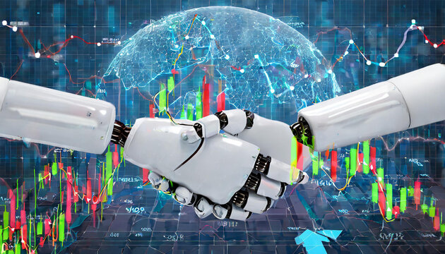 3d illustration humanoid robot handshake with stock market trading chart showing buy and sell decision by AI thinking brain, artificial intelligence and machine learning
