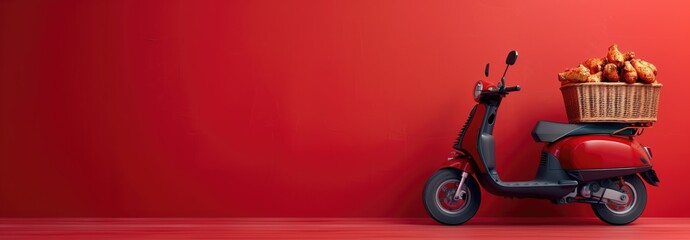 A classic red scooter with a basket full of freshly baked baguettes stands against a vibrant red background