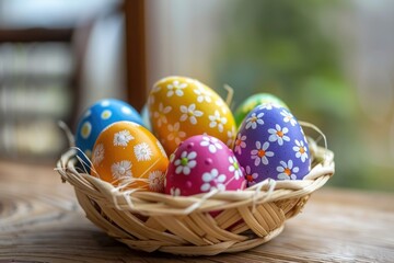 Fototapeta na wymiar easter eggs in a basket with colorful happy colors