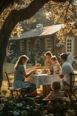A group of people, likely a family, sitting around a table outside in their backyard. They appear to be having a picnic breakfast together, enjoying the outdoors and each others company