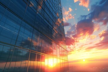 The sun is setting behind a modern skyscraper, casting a warm glow on its reflective glass surface. The building stands tall against the colorful sky, creating a striking urban silhouette - obrazy, fototapety, plakaty