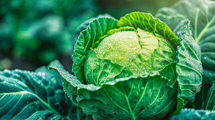Fresh green cabbage in the garden. Dew on it - obrazy, fototapety, plakaty