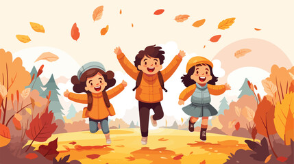 Children play and rejoice in autumn flat cartoon 