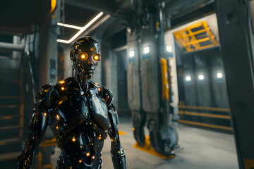 Fototapeta na wymiar Futuristic robot walking in industrial factory, black and gold armored android, sci-fi setting