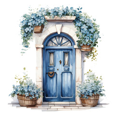 Watercolor of a vintage blue door framed by vibrant spring flowers