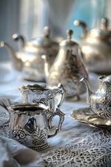 The image features a row of ornate silver teapots and cups displayed on a lace tablecloth. The elegant silverware adds a touch of sophistication to the table setting
