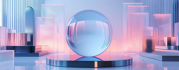 Reflective Glass Sphere on a Futuristic Cityscape Podium