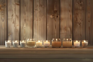 A photo showing a row of lit candles placed neatly on top of a wooden table. The soft glow of the candles adds a warm and inviting ambiance to the space