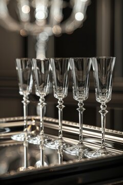 A row of clear wine glasses with stems sitting neatly aligned on a countertop. The glasses reflect the light, creating a dazzling effect