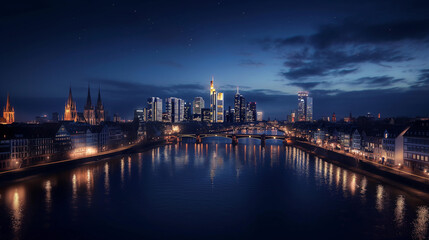 Obraz premium Frankfurt am Main skyline, iconic skyscrapers, River Main flowing through the city, illuminated buildings, bustling financial district, modern architecture, blend of old and new