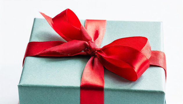 Gift box tied with red ribbon isolated on white background. image seen in the center and top.