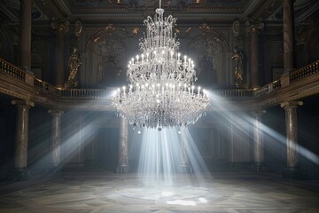 This photo captures a sparkling crystal chandelier hanging from the ceiling of a dark room, casting a soft glow. The intricate design of the chandelier adds a touch of elegance to the space - Powered by Adobe