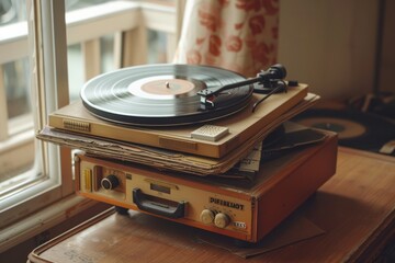 A vintage record player is placed on top of a retro suitcase. The player is turned off, with a stack of vinyl records next to it. The setting appears to be a nostalgic and retro-inspired scene