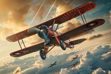 A classic biplane captured in mid-flight against a blue sky. The painting depicts the aircraft...