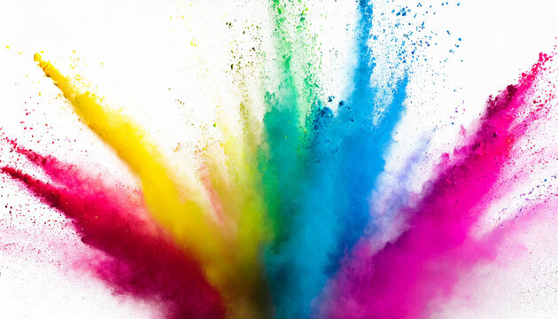 Multicolored explosion of rainbow holi powder paint isolated on white background