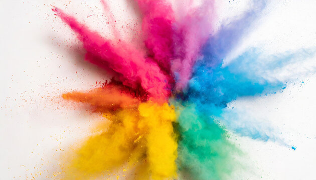 Multicolored explosion of rainbow holi powder paint isolated on white background