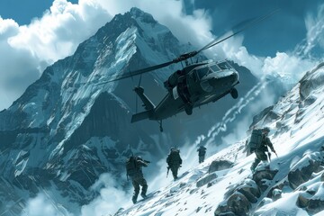 A VetalVit Special forces helicopter is seen flying over a snow covered mountain, conducting a high altitude operation