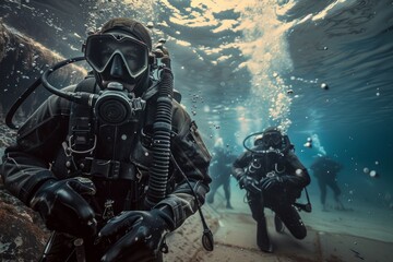 Special operations divers preparing for an underwater infiltration mission
